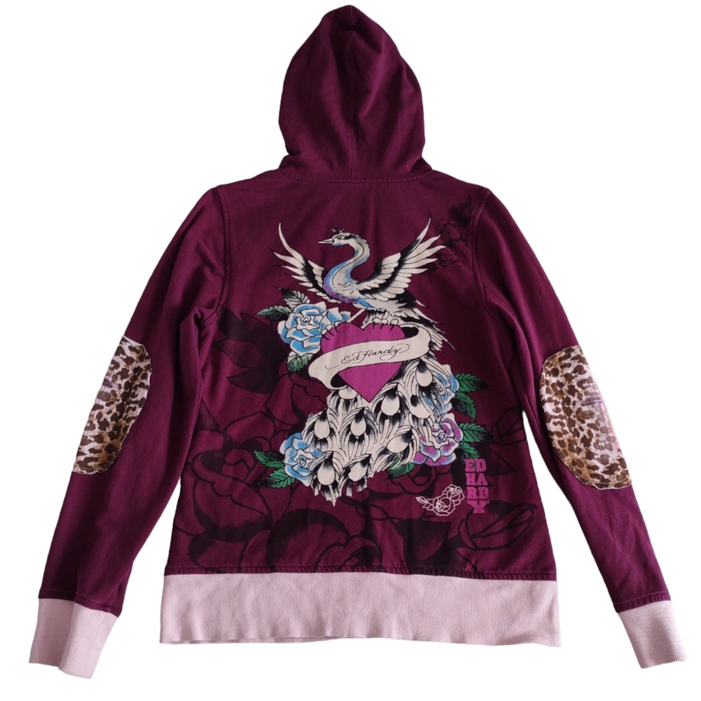 Ed Hardy by Christian Audigier Size Medium Purple Patch Elbow Full Zip Hoodie